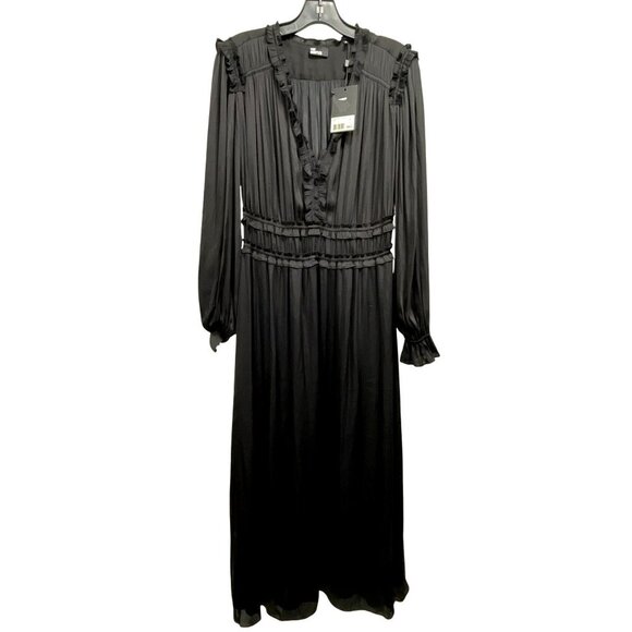 The Kooples $385 Black Long-Sleeve Midi Dress Smocked Waist Size M NWT - Picture 5 of 9